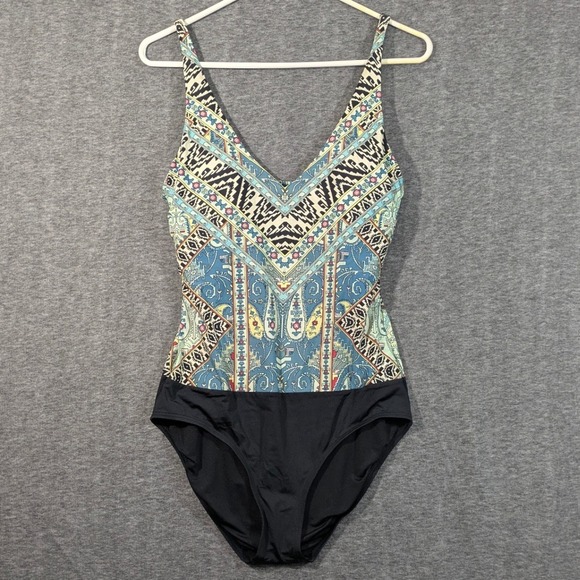 Jantzen Other - Jantzen Womens Paisley Geometric Mixed Print One Piece Swimsuit Blue Black Sz 8